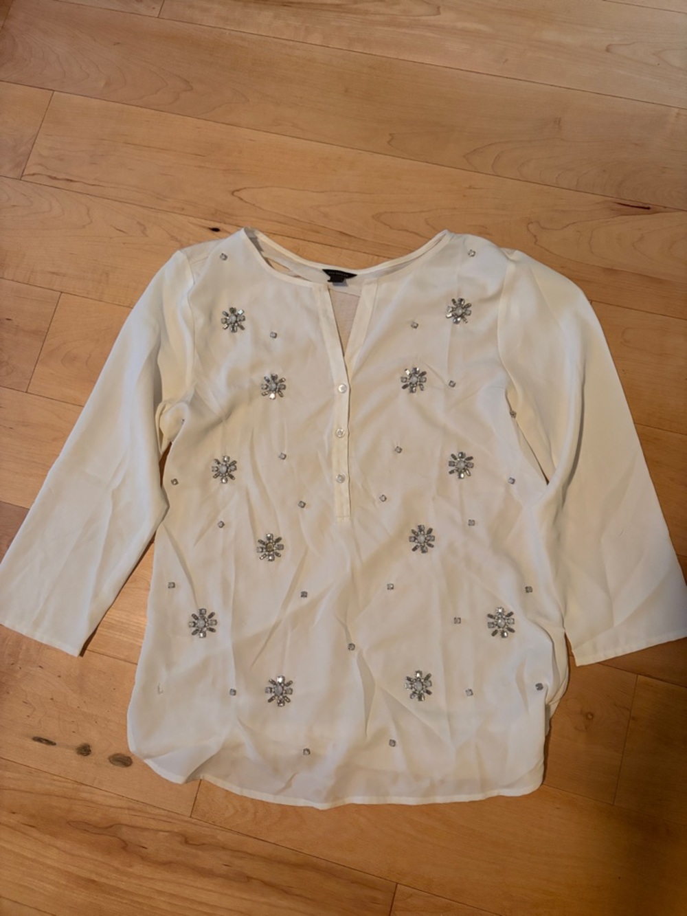Ann Taylor Cream Beaded Floral-Embellished Blouse